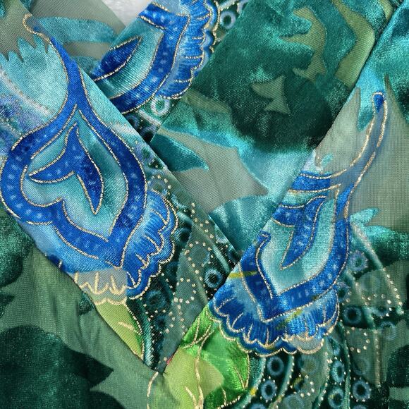 Vintage 2000s Women's S Velvet Burnout Top Teal Gold V-Neck Sleeveless Blouse - Picture 3 of 9